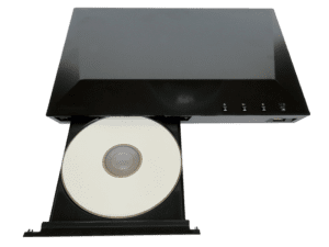 Blue-Ray Player with the disc tray open and a disk showing